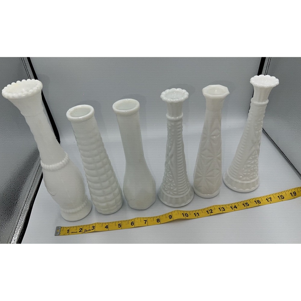 Lot of 6 Vintage Milk Glass Bud Vases Various Heights & Patterns (8-b0)